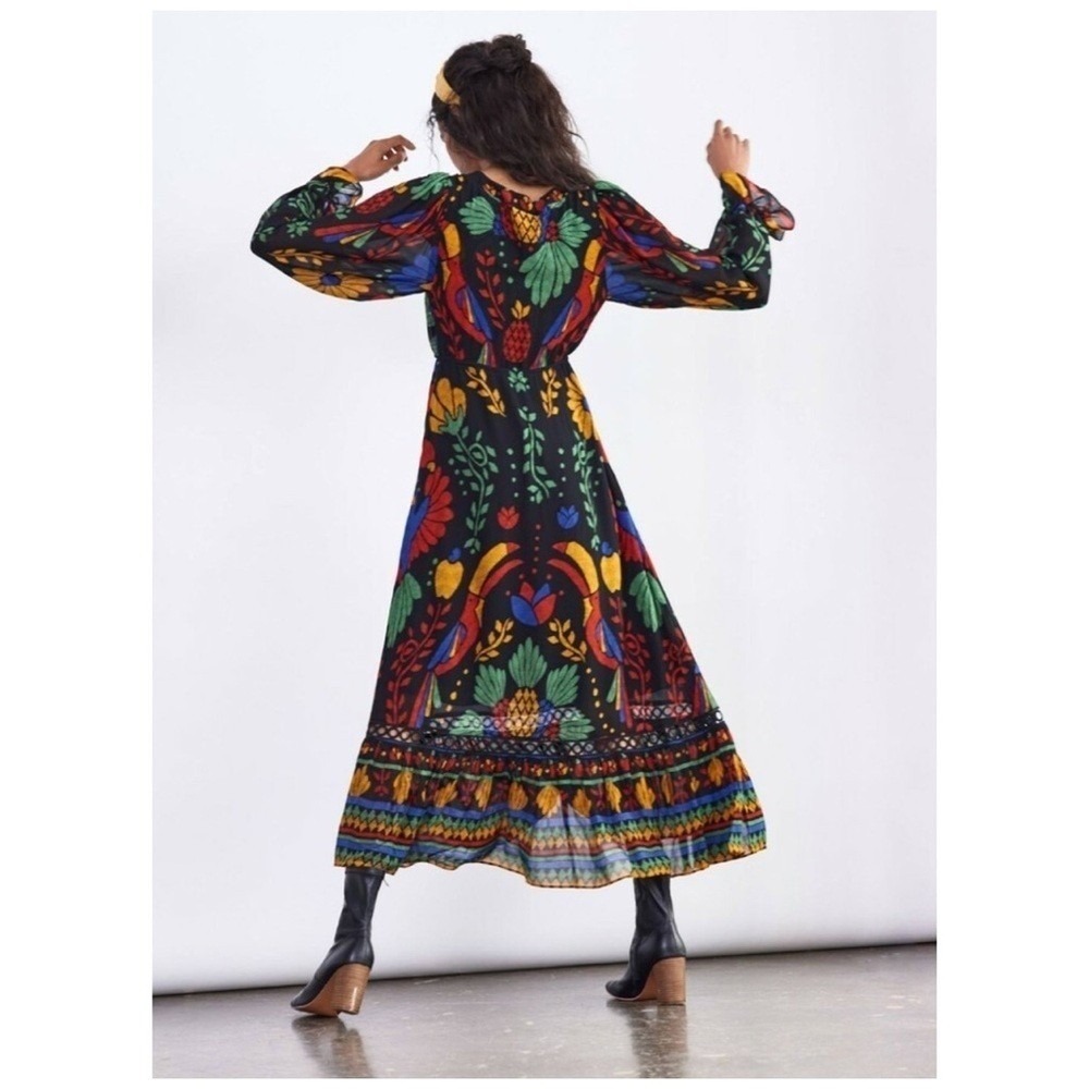 Farm Rio Black Tropical Toucan Floral V-Neck Maxi Dress S Long Puff Sleeve Boho - Picture 14 of 16